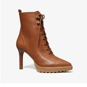 NWOB: Michael Kors Kyle Lace Up Heeled Boots Brown Leather 7.5M